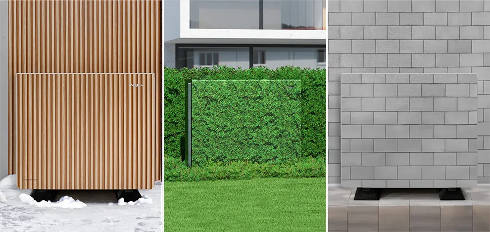 ZEALUX PAD Außeneinheit mit Verkleidungsvarianten vor einem Haus